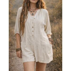 day + moon Linen Womens Short Romper Size Small Comy Casual Neutral Boho Hippie